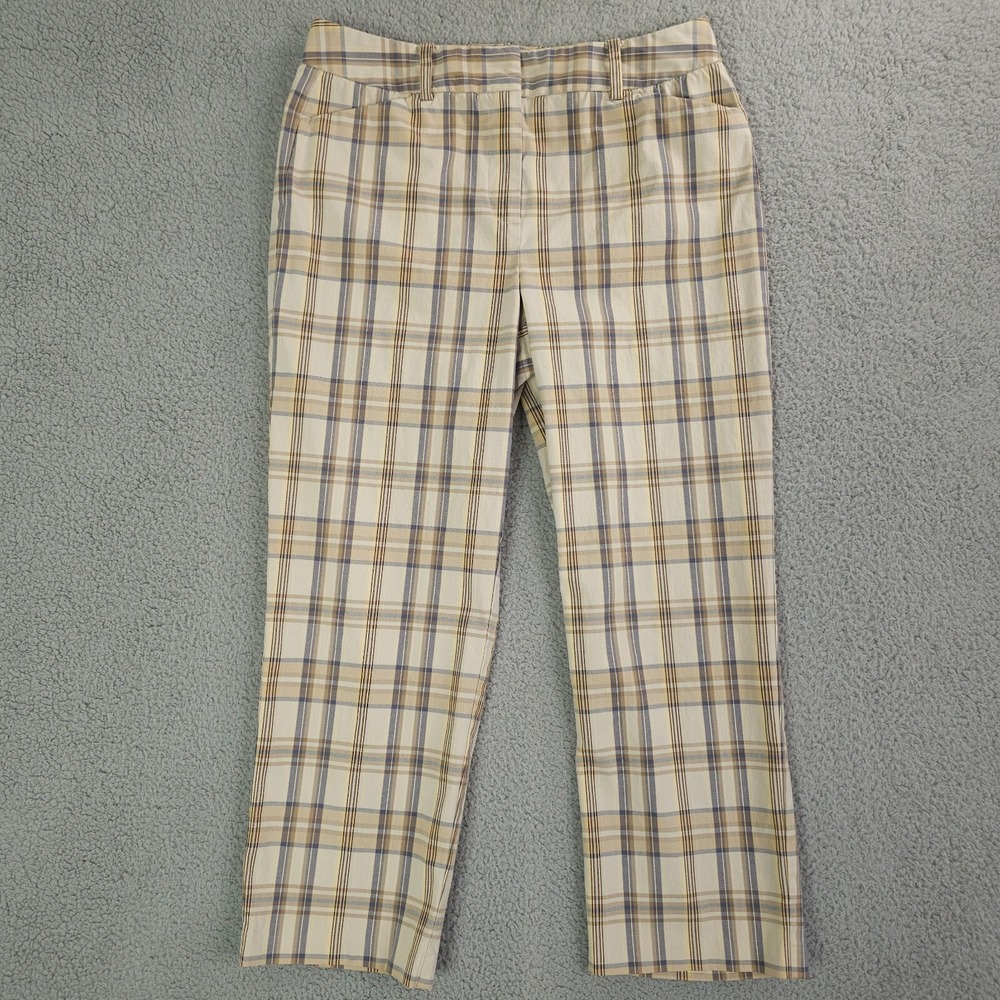 Vintage Talbots Pants Womens 10 Beige Blue Plaid Straight Leg Stretch Trousers